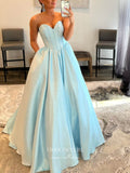 Light Blue Sweetheart Neck Prom Dresses With Pockets Sparkly Satin Evening Dresses 21567