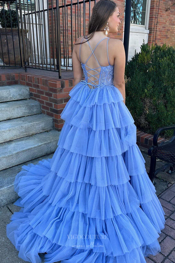 Prom Dress 2025 Light Blue Tiered Prom Dresses Spaghetti Strap Lace Applique Bodice 24189-unique elegant Prom Dresses-Light Blue-Custom Size-vigocouture