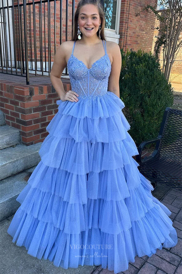 Prom Dress 2025 Light Blue Tiered Prom Dresses Spaghetti Strap Lace Applique Bodice 24189-unique elegant Prom Dresses-Light Blue-Custom Size-vigocouture