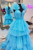 Prom Dress 2025 Light Blue Tiered Ruffled Prom Dresses 2024 Pleated Plunging V-Neck 24281-unique elegant Prom Dresses-Light Blue-Custom Size-vigocouture