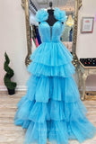 Prom Dress 2025 Light Blue Tiered Ruffled Prom Dresses 2024 Pleated Plunging V-Neck 24281-unique elegant Prom Dresses-Light Blue-Custom Size-vigocouture