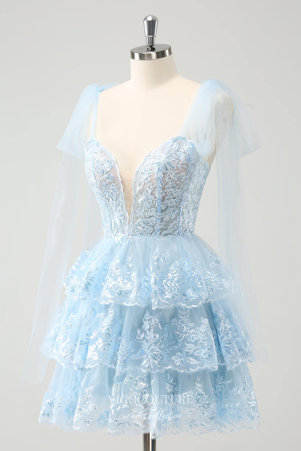 homecoming dress shops in spokane Light Blue Tiered Spaghetti Strap Homecoming Dresses Lace Applique Bac –  vigocouture