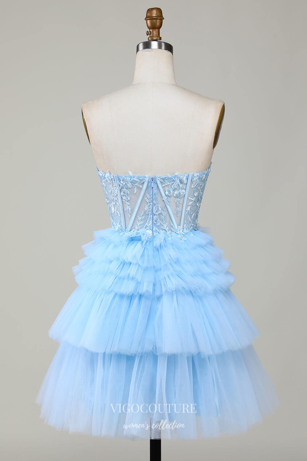 Short Prom Dresses 2025 Light Blue Tiered Sweetheart Homecoming Dresses Lace Applique Graduation Dress hc394-Prom Dresses-vigocouture-vigocouture