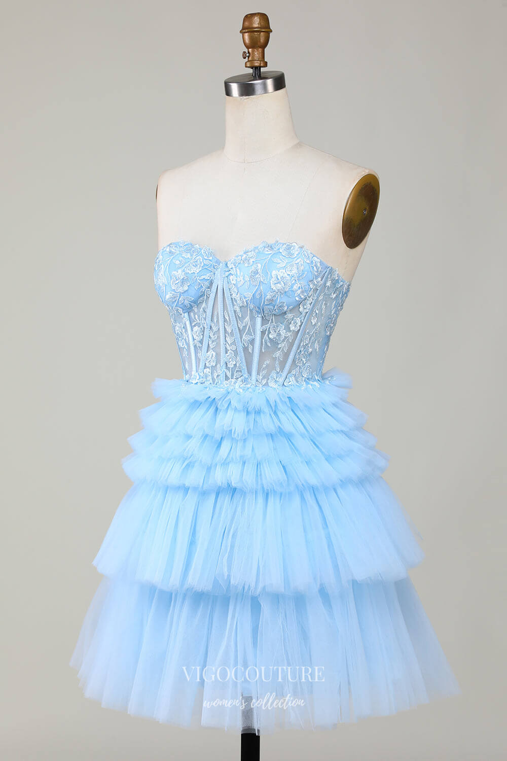 Short Prom Dresses 2025 Light Blue Tiered Sweetheart Homecoming Dresses Lace Applique Graduation Dress hc394-Prom Dresses-vigocouture-vigocouture