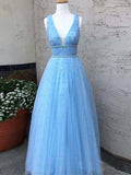 Prom Dress 2025 Light Blue Tulle Prom Dresses Plunging V-Neck Formal Gown 20377-unique elegant Prom Dresses-Light Blue-US2-vigocouture