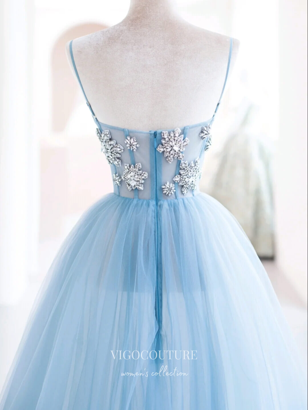 Blue Spaghetti Strap Tulle Beading Long A-Line Prom Dresses US 12 / Custom Color Blue Spaghetti Strap Tulle Beading Long A-Line Prom Dresses US 12 / Custom Color