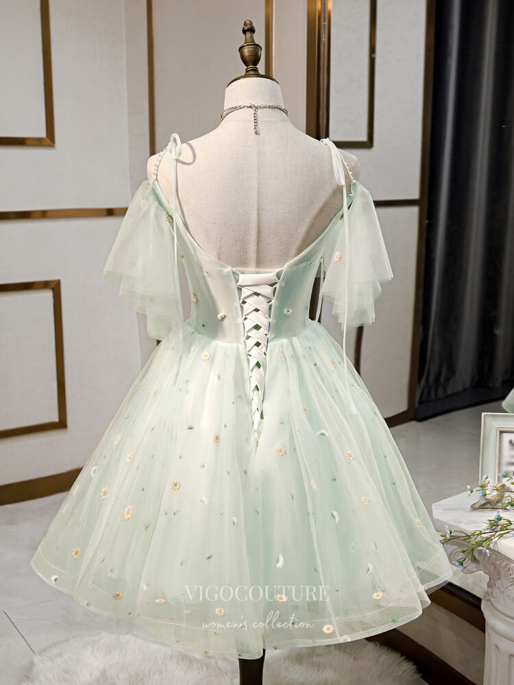 Short Prom Dresses 2025 Light Green 3D Flower Homecoming Dresses Spaghetti Strap Dama Dresses hc090-Prom Dresses-vigocouture-vigocouture