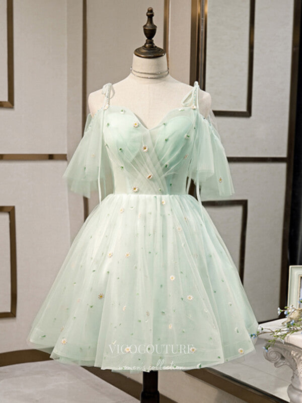 Short Prom Dresses 2025 Light Green 3D Flower Homecoming Dresses Spaghetti Strap Dama Dresses hc090-Prom Dresses-vigocouture-vigocouture