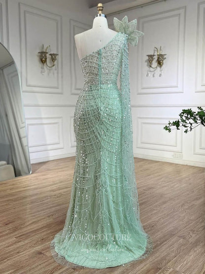 light green mermaid dress Floor Length Mermaid Sage Green Prom Dresses Lace Removable Train Sage Green / US10