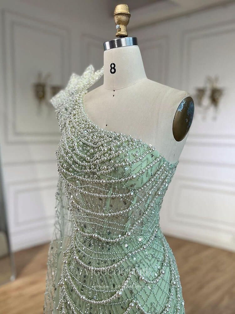 Light Green Beaded Mermaid Prom Dresses One Shoulder Pageant Dress 24505 Light Green / US10 Light Green Beaded Mermaid Prom Dresses One Shoulder Pageant Dress 24505 Light Green / US10