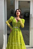 Prom Dress 2025 Light Green Beaded Prom Dress with Long Puffed Sleeve and Plunging V-Neck 22236-unique elegant Prom Dresses-Light Green-US2-vigocouture