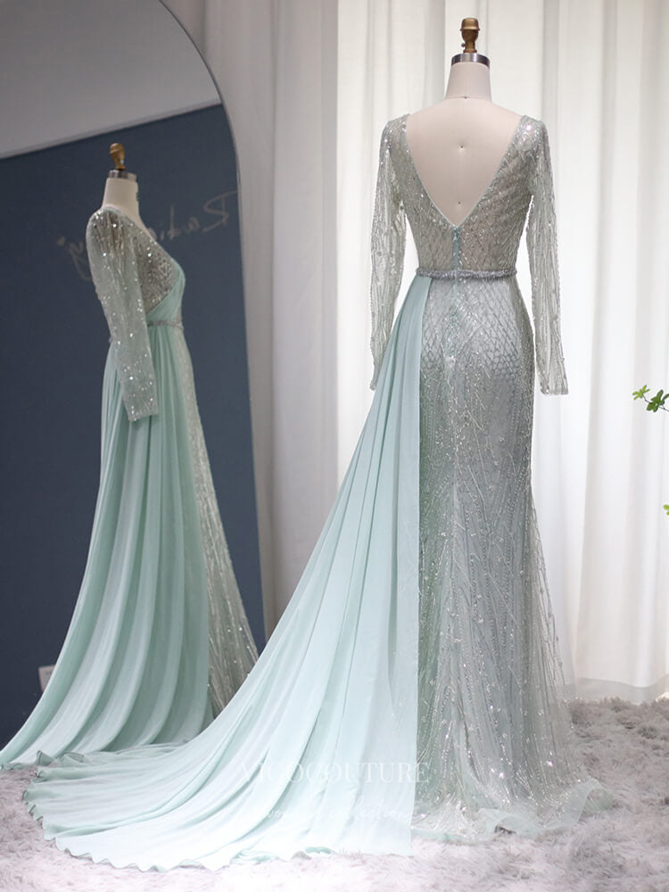 Prom Dress 2025 Light Green Beaded Prom Dresses Long Sleeve Overskirt Mother of the Bride Dresses 22151-unique elegant Prom Dresses-Light Green-US2-vigocouture