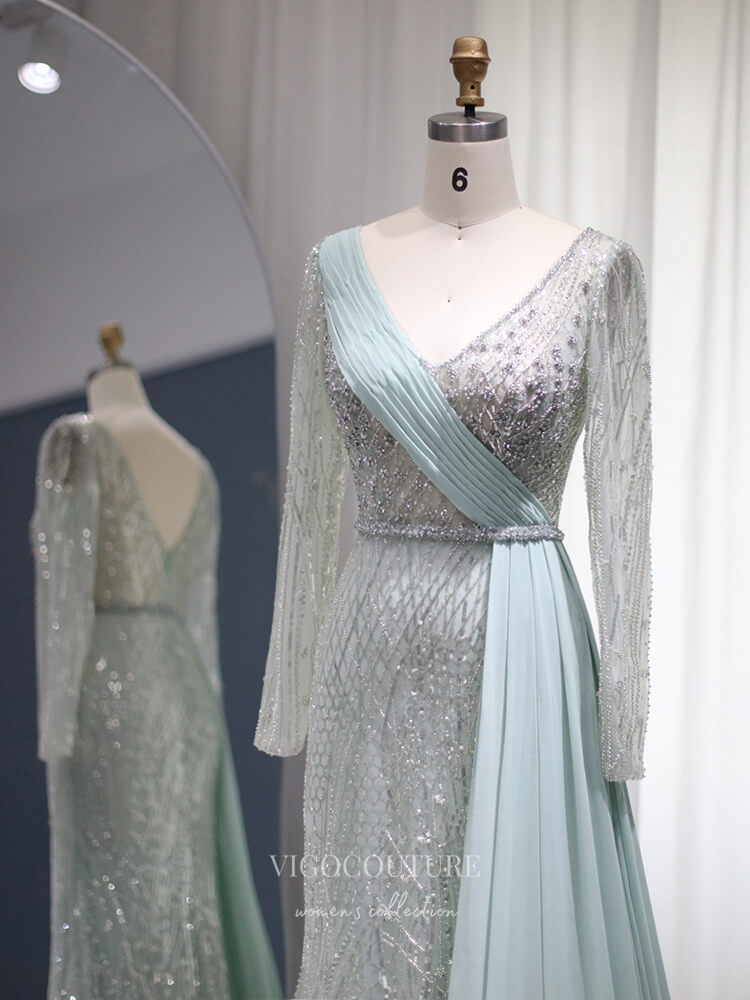 Prom Dress 2025 Light Green Beaded Prom Dresses Long Sleeve Overskirt Mother of the Bride Dresses 22151-unique elegant Prom Dresses-Light Green-US2-vigocouture