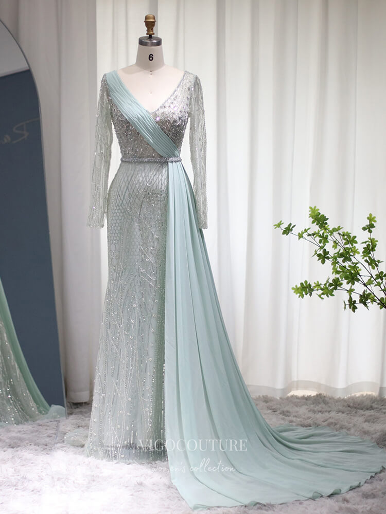 Prom Dress 2025 Light Green Beaded Prom Dresses Long Sleeve Overskirt Mother of the Bride Dresses 22151-unique elegant Prom Dresses-Light Green-US2-vigocouture