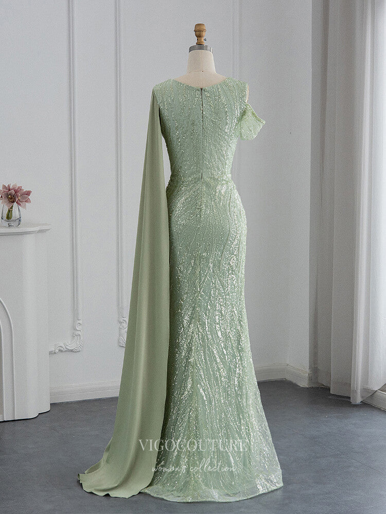 Light Green Beaded Prom Dresses Watteau Train Evening Dress 22143 – vigocouture