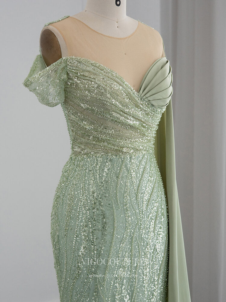 Prom Dress 2025 Light Green Beaded Prom Dresses Watteau Train Evening Dress 22143-unique elegant Prom Dresses-Light Green-US2-vigocouture