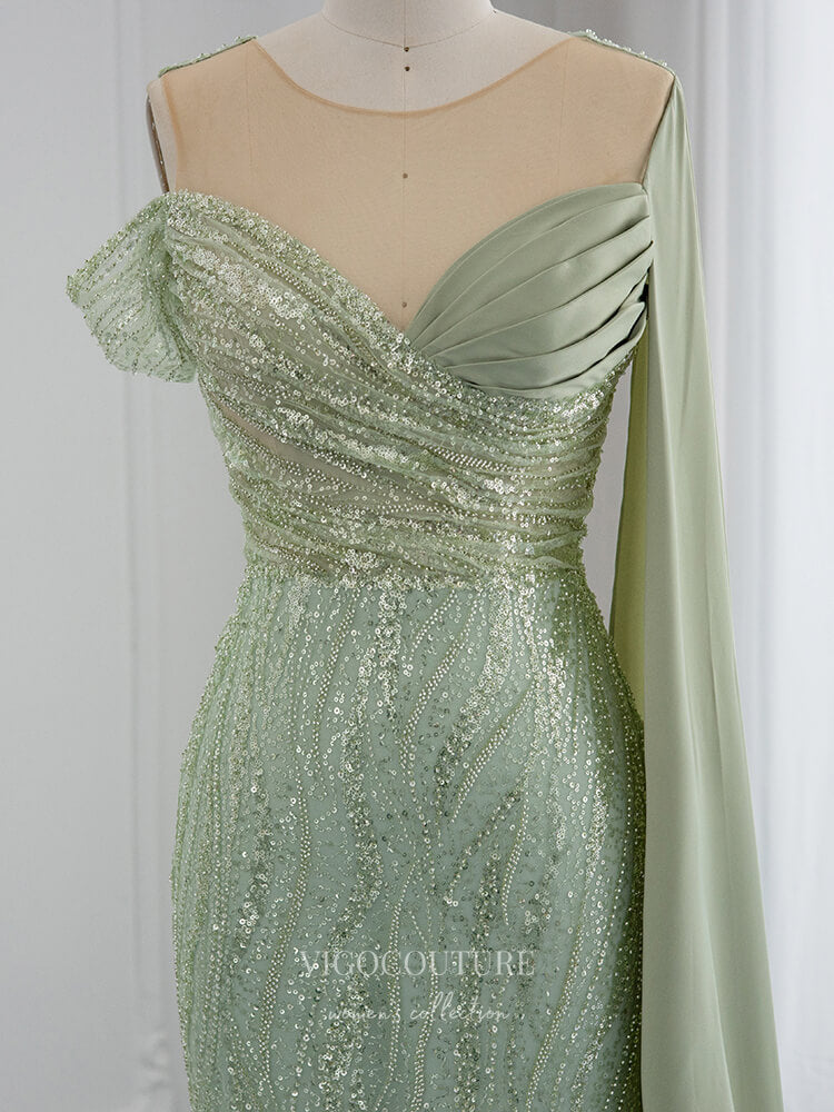 Prom Dress 2025 Light Green Beaded Prom Dresses Watteau Train Evening Dress 22143-unique elegant Prom Dresses-Light Green-US2-vigocouture