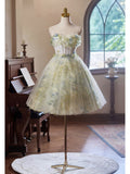 Light Green Floral Homecoming Dress Strapless Graduation Dress hc328