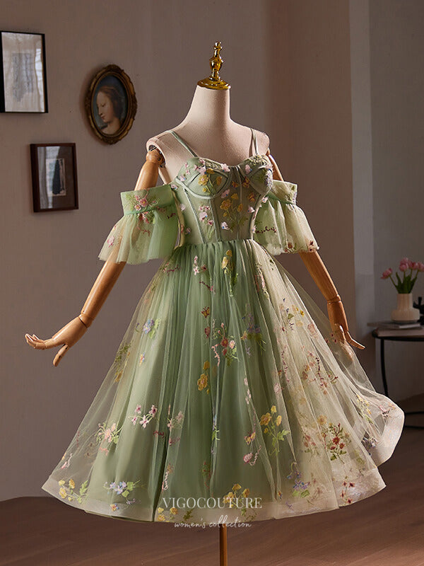 Light Green Floral Lace Applique Homecoming Dress Spaghetti Strap Tea-Length Dress hc341 Light Green / 24W Light Green Floral Lace Applique Homecoming Dress Spaghetti Strap Tea-Length Dress hc341 Light Green / 24W
