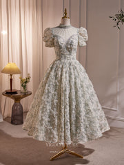 Light Green Floral Lace Hoco Dresses Puffed Sleeve Tea-Length Dress hc250