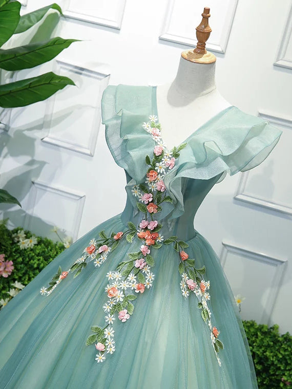 Light Green Floral Prom Dress with 3D Flower and V-Neck 22272 vigocouture Light Green Floral Prom Dress with 3D Flower and V-Neck 22272 vigocouture