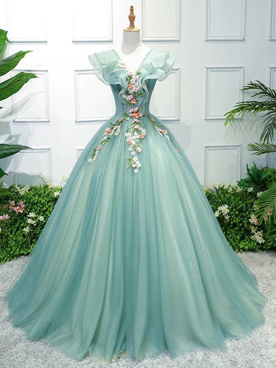 Prom Dress 2025 Light Green Floral Prom Dress with 3D Flower and V-Neck 22272-unique elegant Prom Dresses-Light Green-Custom Size-vigocouture