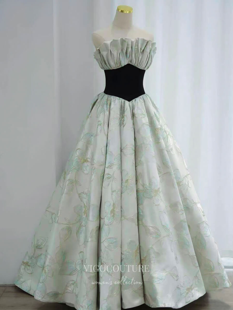 lime green strapless prom dress Light Green Jacquard Prom Dresses Strapless Formal Dresses 21023
