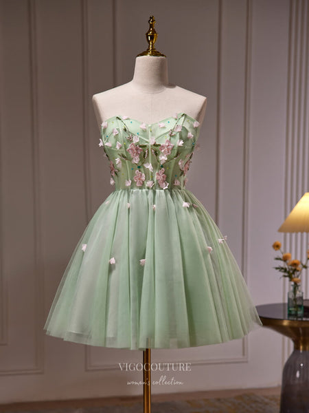 Light Green Lace Applique Homecoming Dress Strapless Graduation Dress – vigocouture