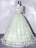 Light Green Lace Applique Prom Dress with Spaghetti Strap 22336