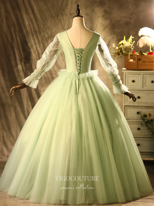 Prom Dress 2025 Light Green Lace Applique Quinceanera Dresses Long Sleeve Sweet 16 Dresses 21396-unique elegant Prom Dresses-As Pictured-Custom Size-vigocouture