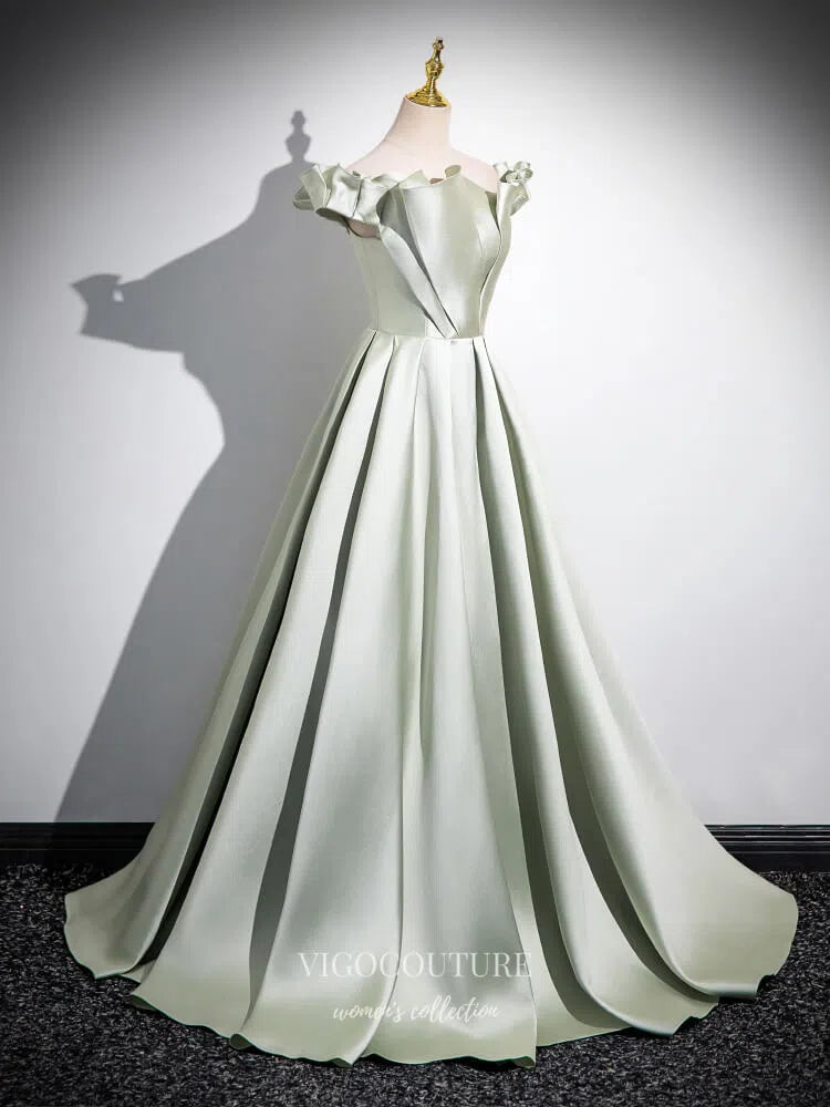 Prom Dress 2025 Light Green Off the Shoulder Cheap Prom Dresses 2025 Satin Formal Gown 25066-unique elegant Prom Dresses-Light Green-Custom Size-vigocouture