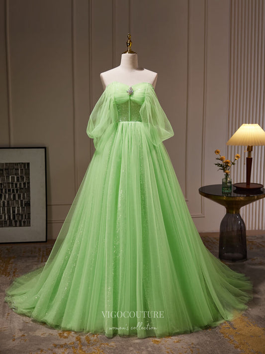 Prom Dress 2025 Light Green Off the Shoulder Prom Dresses 2024 Sequin Lining Pleated Bodice 24253-unique elegant Prom Dresses-Light Green-Custom Size-vigocouture