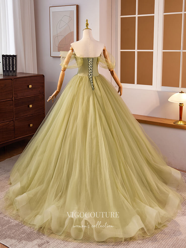 Prom Dress 2025 Light Green Off the Shoulder Prom Dresses Beaded Floral Quinceanera Dress 24394-unique elegant Prom Dresses-Light Green-Custom Size-vigocouture