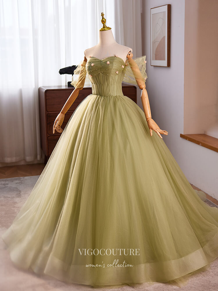 Prom Dress 2025 Light Green Off the Shoulder Prom Dresses Beaded Floral Quinceanera Dress 24394-unique elegant Prom Dresses-Light Green-Custom Size-vigocouture