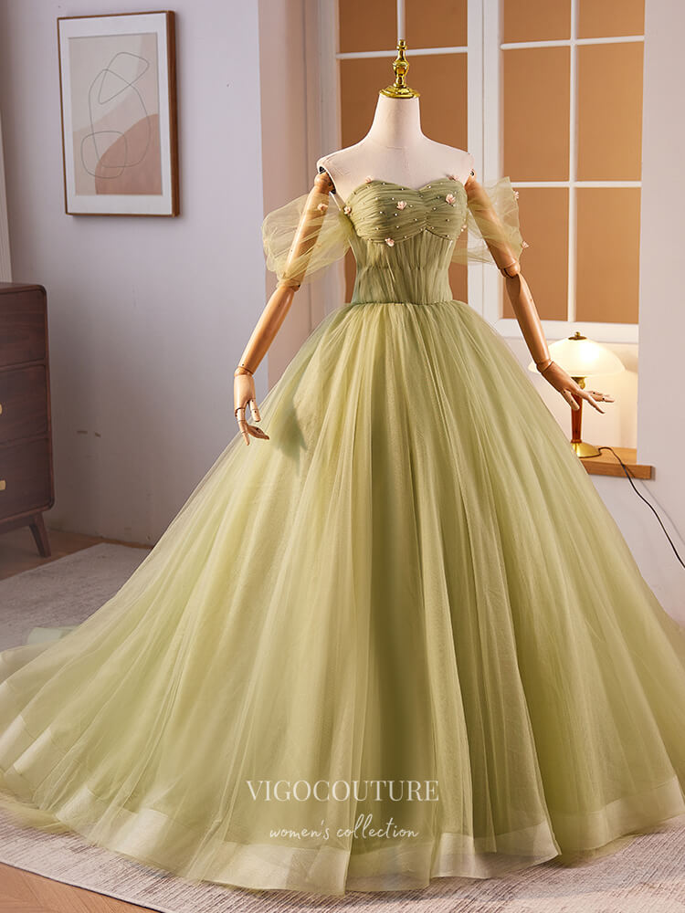 Prom Dress 2025 Light Green Off the Shoulder Prom Dresses Beaded Floral Quinceanera Dress 24394-unique elegant Prom Dresses-Light Green-Custom Size-vigocouture