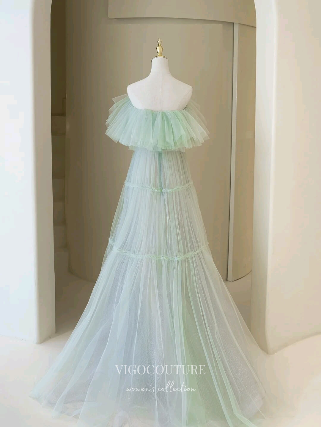 Prom Dress 2025 Light Green Pleated Tulle Prom Dresses Off the Shoulder Formal Gown 22063-unique elegant Prom Dresses-Light Green-US2-vigocouture