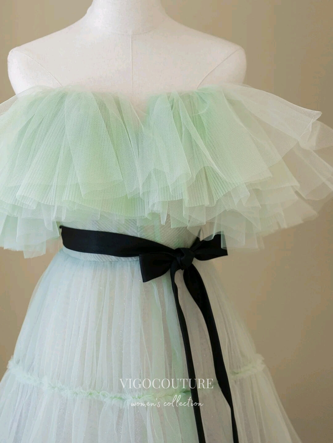 Prom Dress 2025 Light Green Pleated Tulle Prom Dresses Off the Shoulder Formal Gown 22063-unique elegant Prom Dresses-Light Green-US2-vigocouture