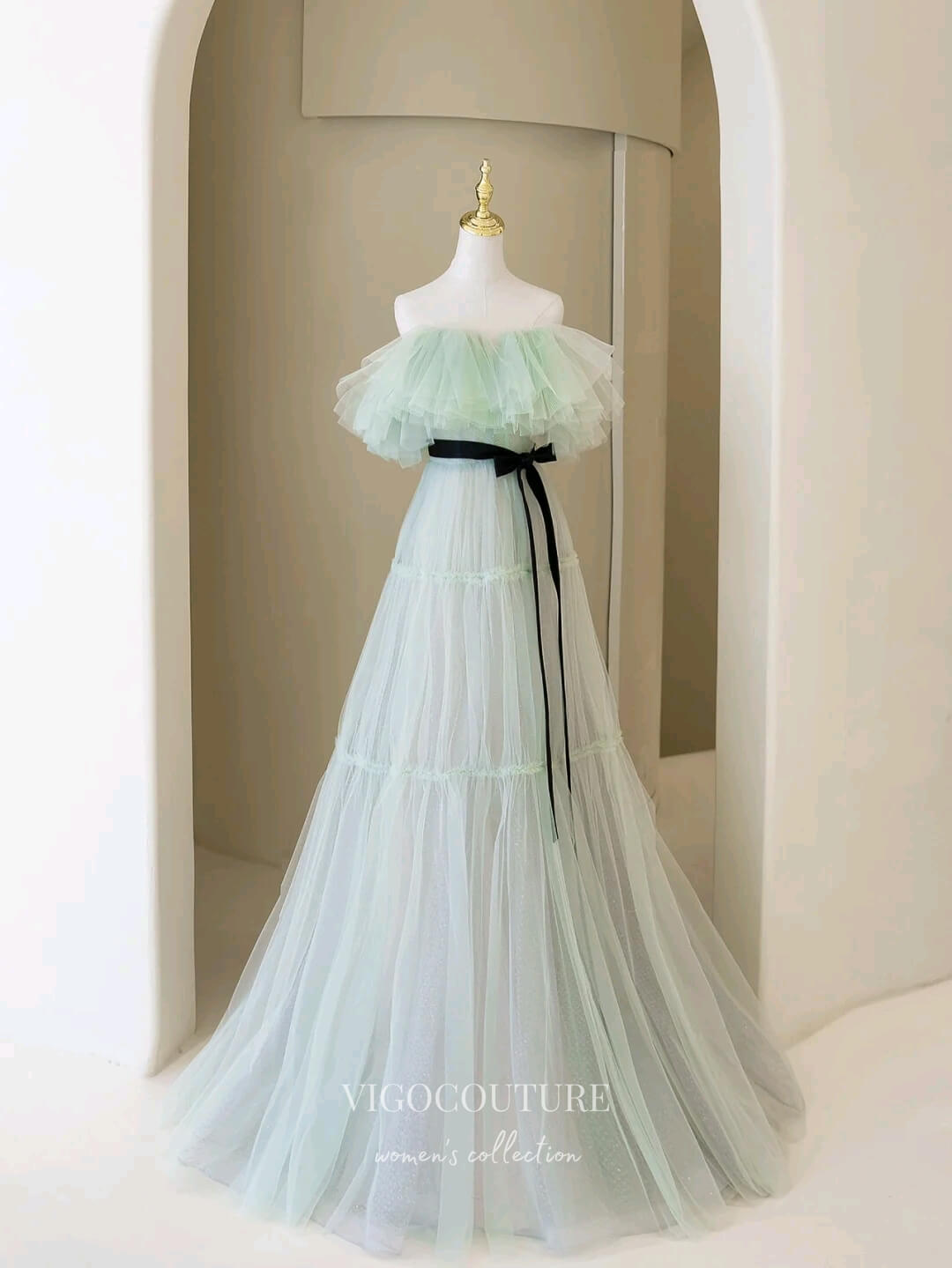 Prom Dress 2025 Light Green Pleated Tulle Prom Dresses Off the Shoulder Formal Gown 22063-unique elegant Prom Dresses-Light Green-US2-vigocouture