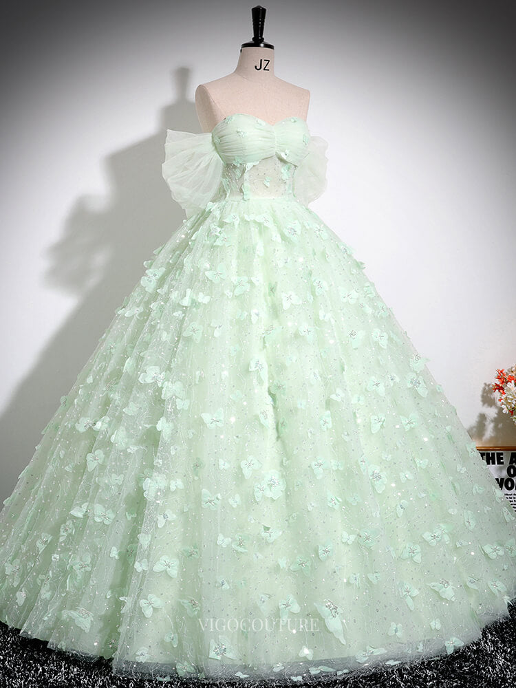 Light Green Sparkly Tulle Prom Dresses with Butterfly, Off the Shoulde vigocouture Light Green Sparkly Tulle Prom Dresses with Butterfly, Off the Shoulde vigocouture