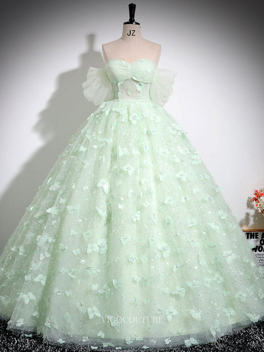 Prom Dresses 2025 to impress Light Green Sparkly Tulle Prom Dresses with Butterfly, Off the Shoulder, Quinceanera Dresses BG035-vigocouture-vigocouture