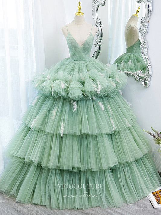 Prom Dress 2025 Light Green Tiered Quinceanera Dresses Spaghetti Strap Sweet 16 Dress 21500-unique elegant Prom Dresses-Light Green-US2-vigocouture