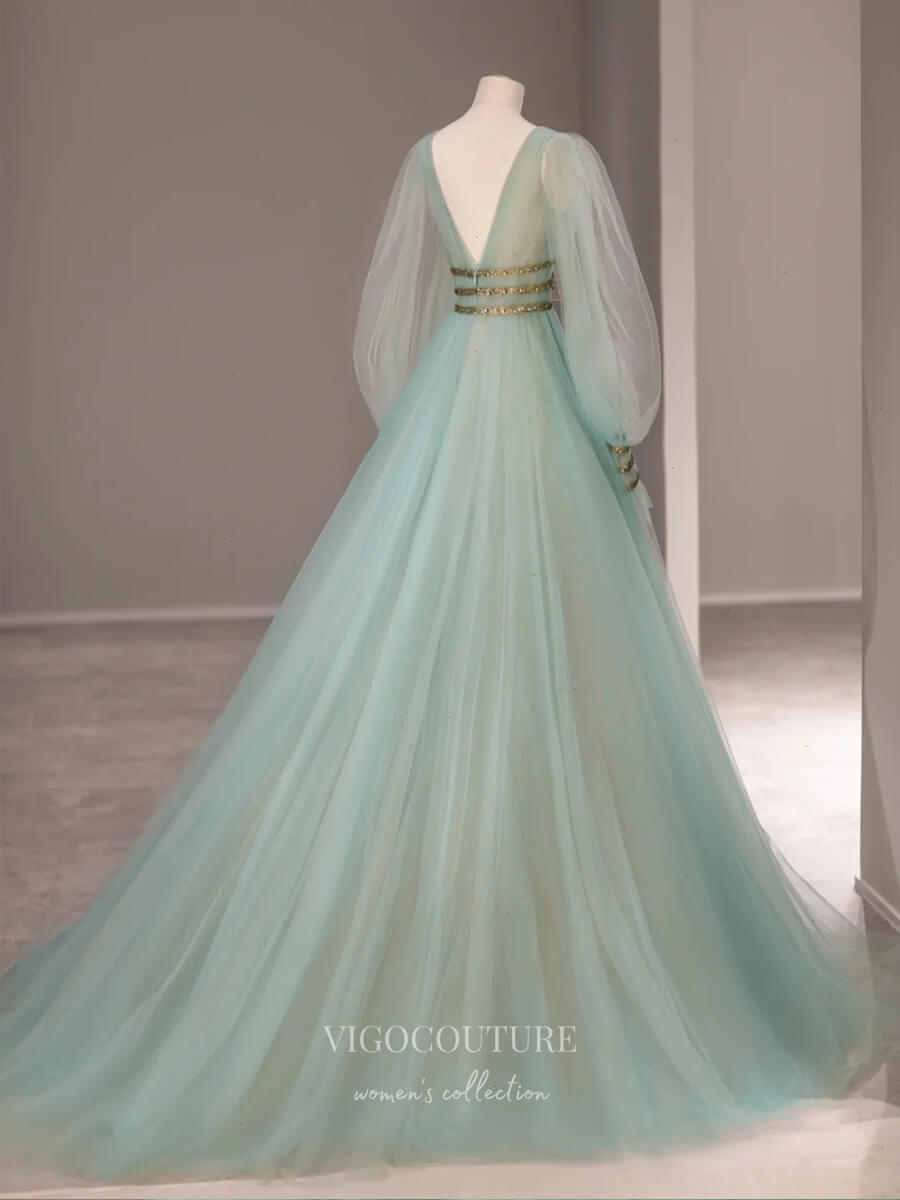 Prom Dress 2025 Light Green Tulle Prom Dresses Long Sleeve Formal Dresses 21031-unique elegant Prom Dresses-Light Green-Custom Size-vigocouture