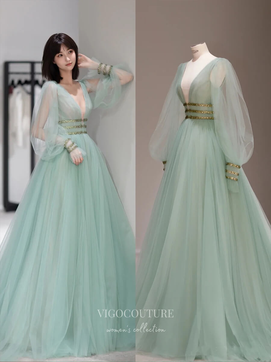Green V-Neck Tulle Long Prom Dress, Long Sleeve Evening Dress US 8 / Green Green V-Neck Tulle Long Prom Dress, Long Sleeve Evening Dress US 8 / Green