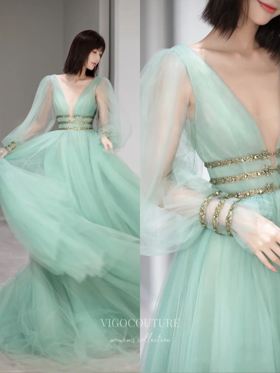 Prom Dress 2025 Light Green Tulle Prom Dresses Long Sleeve Formal Dresses 21031-unique elegant Prom Dresses-Light Green-Custom Size-vigocouture