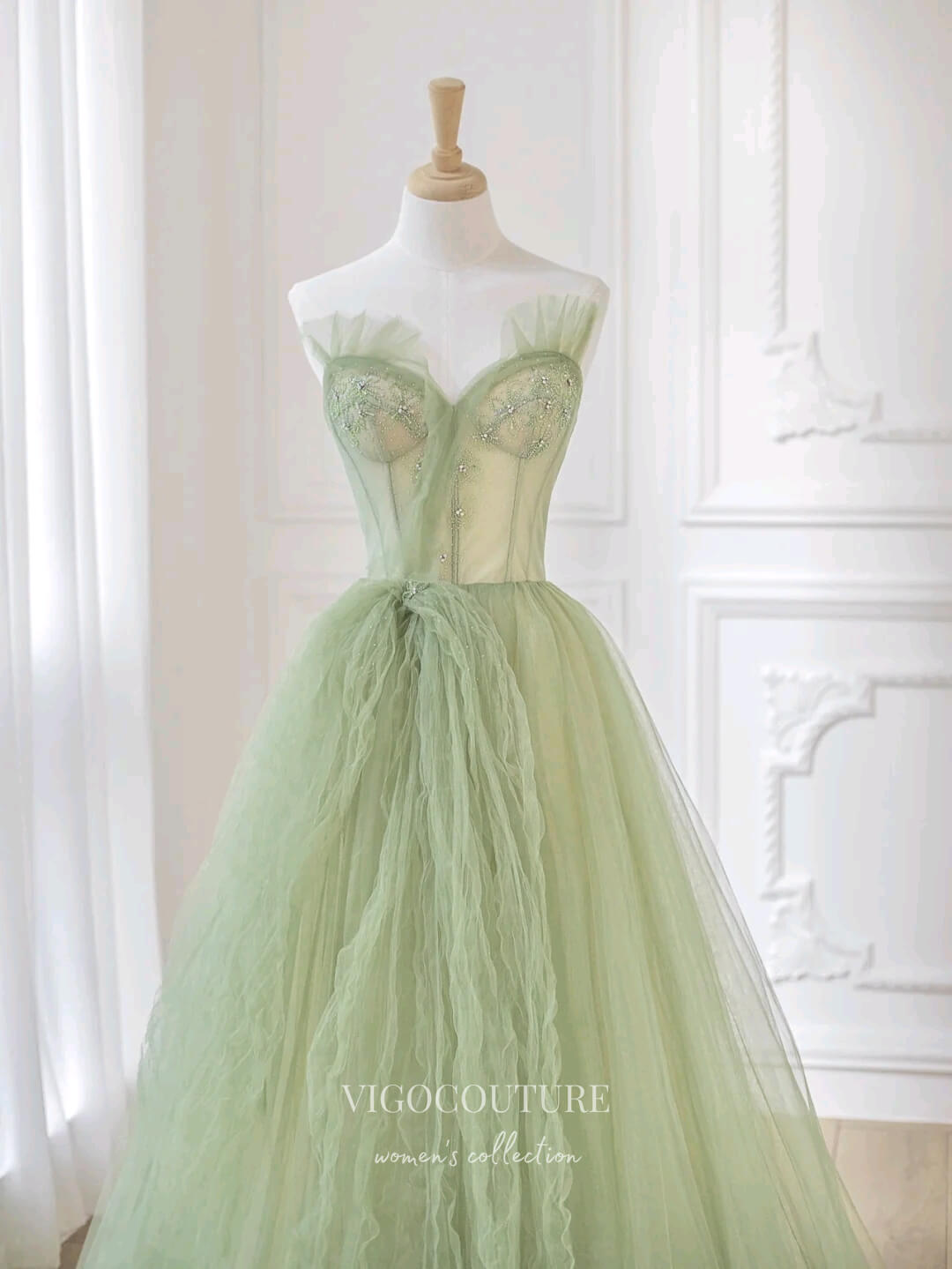 Light Green Tulle Prom Dresses Strapless Formal Dresses 21153 vigocouture Light Green Tulle Prom Dresses Strapless Formal Dresses 21153 vigocouture