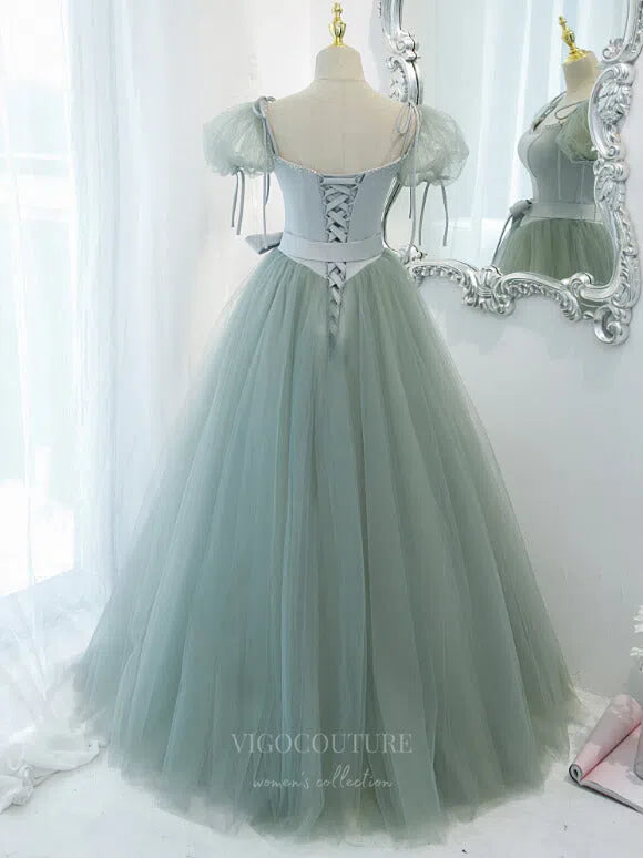 Prom Dress 2025 Light Green Tulle Puffed Sleeve Prom Dress 20877-unique elegant Prom Dresses-Green-Custom Size-vigocouture