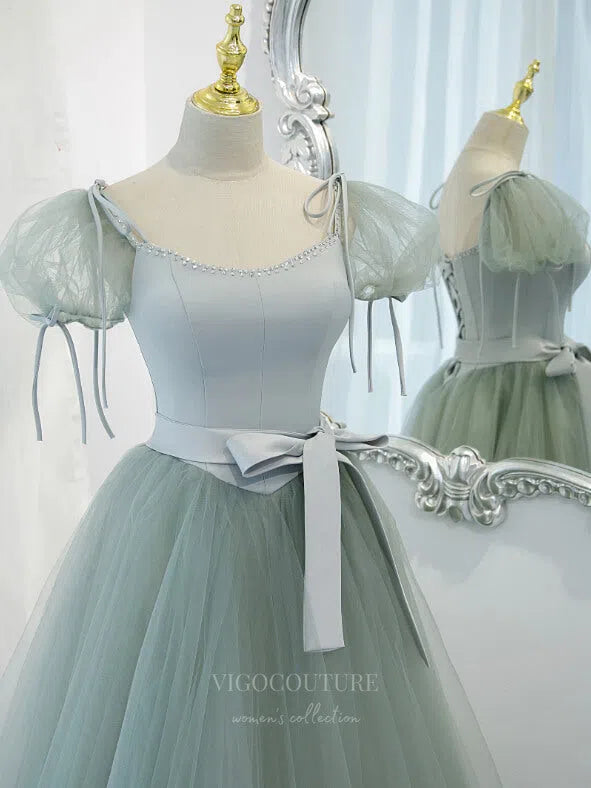 Prom Dress 2025 Light Green Tulle Puffed Sleeve Prom Dress 20877-unique elegant Prom Dresses-Green-Custom Size-vigocouture