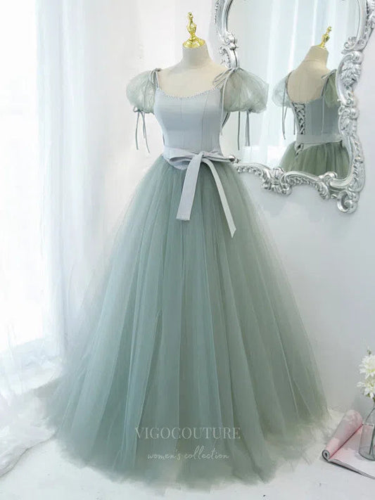 Prom Dress 2025 Light Green Tulle Puffed Sleeve Prom Dress 20877-unique elegant Prom Dresses-Green-Custom Size-vigocouture