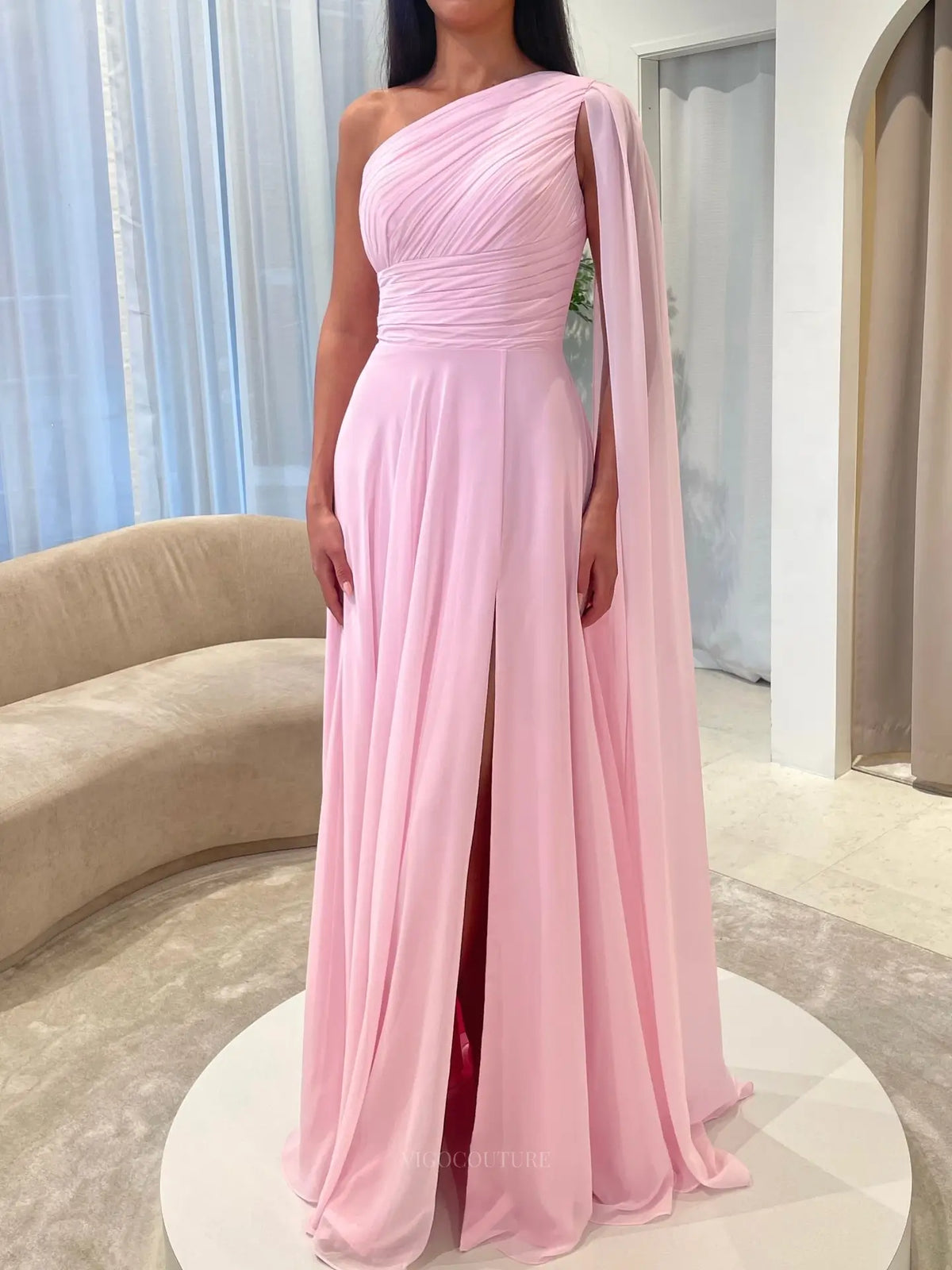 Prom Dresses 2025 to impress Light Pink Chiffon A-Line Prom Dress with Ruched One-Shoulder Bodice, Cape Sleeve and High Slit - P26039-vigocouture-vigocouture