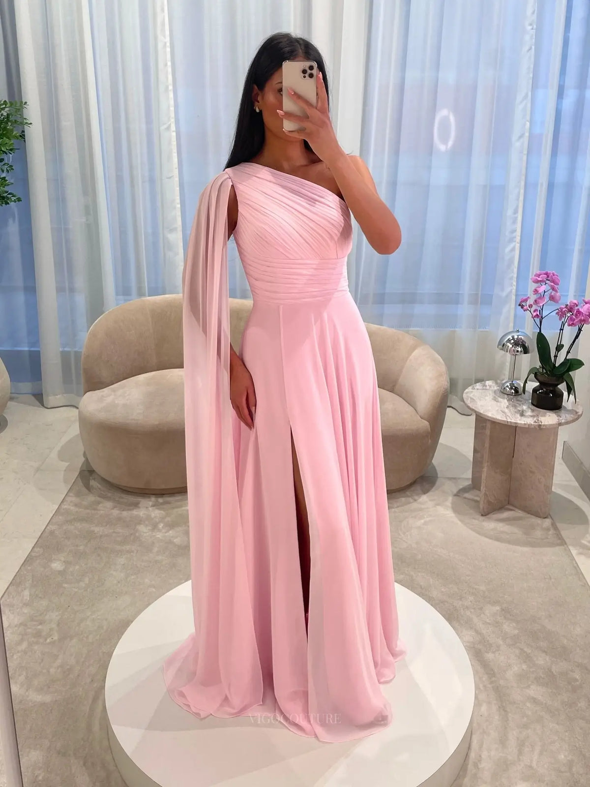Prom Dresses 2025 to impress Light Pink Chiffon A-Line Prom Dress with Ruched One-Shoulder Bodice, Cape Sleeve and High Slit - P26039-vigocouture-vigocouture
